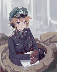  blonde_hair blue_eyes commentary cross cupola english_commentary female german_army gloves goggles goggles_on_headwear hat headphones highres iron_cross map medal military military_hat military_vehicle motor_vehicle original short_hair solo tank throat_microphone tuziki_sang uniform world_war_ii 