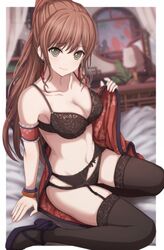  arm_garter arm_support bad_id bad_twitter_id bang_dream! bare_shoulders black_bra black_panties black_thighhighs blue_footwear blurry blurry_background bra bracelet breasts brown_hair cleavage closed_mouth collarbone depth_of_field earrings female floral_print garter_belt grey_eyes hand_up high_heels highres imai_lisa indoors jewelry lace lace-trimmed_bra lace-trimmed_garter_belt lace-trimmed_legwear lace-trimmed_panties lace_trim lamp large_breasts light_particles lingerie long_hair looking_at_viewer narafume navel panties ponytail shoes sidelocks sitting solo stomach tassel thighhighs underwear 