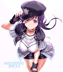  2019 absurdres believe_again birthday breasts choker commentary_request dated english_text female fingerless_gloves fishnet_pantyhose fishnets gloves hair_down happy_birthday hat headset highres jyon kazuno_sarah large_breasts long_hair looking_at_viewer love_live! love_live!_sunshine!! love_live!_sunshine!!_the_school_idol_movie_over_the_rainbow pantyhose pink_eyes purple_hair short_sleeves sidelocks solo spoilers 