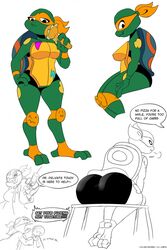  2019 anthro ass big_butt bottomwear box_turtle clothing colorcoroded digital_media_(artwork) english_text feet female footwear hi_res kusarigama mask michelangelo_(rottmnt) michelangelo_(tmnt) ornate_box_turtle reptile rise_of_the_teenage_mutant_ninja_turtles rule_63 scalie shell shorts socks stirrup_socks teenage_mutant_ninja_turtles text tight_clothing turtle 