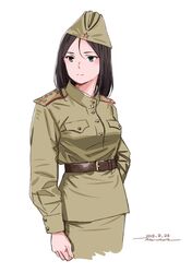  :| alternate_costume arm_behind_head artist_name belt black_hair blue_eyes brown_belt brown_hat brown_jacket brown_skirt closed_mouth commentary cowboy_shot cropped_torso dated epaulettes female garrison_cap girls_und_panzer gymnastiorka hammer_and_sickle hat highres horikou jacket long_hair long_sleeves medium_skirt military military_hat military_uniform nonna_(girls_und_panzer) one-hour_drawing_challenge pencil_skirt signature simple_background skirt soldier solo soviet soviet_army standing swept_bangs uniform white_background world_war_ii 