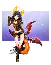  2018 animal_ears arm_behind_back arm_up armor artist_name belt black_gloves black_hair black_shorts bomb boots braid breastplate brown_footwear choker dated dog_ears dog_tail elbow_gloves elin_(tera) female full_body gloves gluteal_fold halo holding huge_weapon kate-fox knee_boots latex_shorts long_hair midriff pink_eyes short_shorts shorts shuriken smile solo tail tera_online thigh_gap twin_braids twintails weapon 