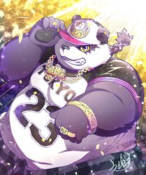  2019 alp_(tas) anthro bear belly clothing daihukudokoro english_text fur giant_panda hat headgear headwear hi_res humanoid_hands lifewonders male mammal overweight overweight_anthro overweight_male purple_body purple_fur shirt solo teeth text tokyo_afterschool_summoners topwear 