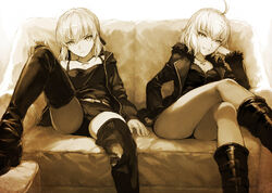  &gt;:( 2girls ahoge arm_at_side artoria_pendragon_(fate) belt boots breasts camisole cleavage closed_mouth collarbone commentary couch cross cross_necklace fate/grand_order fate/stay_night fate_(series) fur-trimmed_sleeves fur_trim hair_ribbon hand_in_pocket hand_on_own_cheek hand_on_own_face hand_on_own_knee jacket jeanne_d&#039;arc_alter_(fate) jeanne_d&#039;arc_alter_(ver._shinjuku_1999)_(fate) jewelry knee_boots knee_up long_sleeves looking_at_viewer medium_breasts medium_hair monochrome morisawa_haruyuki multiple_girls necklace official_alternate_costume on_couch open_clothes open_jacket parted_lips photoshop_(medium) reclining ribbon saber_alter saber_alter_(ver._shinjuku_1999)_(fate) sepia serious short_shorts shorts small_breasts thigh_boots thighhighs v-shaped_eyebrows 