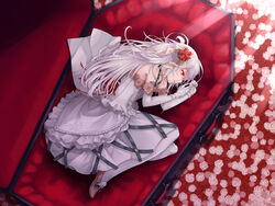  absurdres bad_id bad_pixiv_id coffin commentary_request dress elbow_gloves female fetal_position flower from_above gloves glowing glowing_eyes hair_ornament hair_ribbon highres jane_(king&#039;s_raid) kimi_tsuru king&#039;s_raid layered_dress long_hair looking_to_the_side lying on_side pantyhose parted_lips pink_flower pink_footwear pink_rose red_eyes red_flower red_rose ribbon rose sideways_mouth solo strapless strapless_dress underbust very_long_hair wedding_dress white_dress white_flower white_gloves white_hair white_pantyhose white_rose 