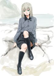  absurdres arm_support black_footwear black_skirt blue_eyes closed_mouth commentary dress_shirt female girls_und_panzer grey_hair grey_shirt highres insignia itsumi_erika kuppipi_ramutarou kuromorimine_school_uniform leg_up light_smile lips loafers long_hair long_sleeves looking_to_the_side miniskirt pleated_skirt school_uniform shirt shoes sitting skirt socks solo 