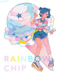  belt blue_hair blue_shorts collared_shirt commentary_request english_text female food full_body ice_cream ice_cream_cone multicolored_footwear original pink_eyes routexx shirt shoes short_sleeves shorts single_scoop socks solo standing star_(symbol) striped_clothes striped_shirt tongue tongue_out v white_socks 