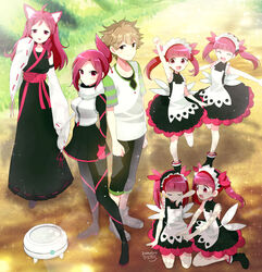  1boy 6+girls :3 :d ^_^ animal_ear_fluff animal_ears arm_up bad_id bad_pixiv_id bare_shoulders black_pants black_skirt blunt_bangs bonnet breasts brown_eyes brown_hair clenched_hand closed_eyes dated detached_sleeves dress folded_ponytail gloves green_sleeves hair_ribbon highres hiroichi japanese_clothes kemurikusa large_breasts long_sleeves looking_at_viewer maid_headdress multiple_girls open_mouth pants parted_bangs pleated_skirt red_hair ribbon ribbon-trimmed_sleeves ribbon_trim rin_(kemurikusa) rina_(kemurikusa) ritsu_(kemurikusa) scarf seiza shiro_(kemurikusa) shirt short_hair signature sitting skirt sleeveless sleeveless_dress sleeves_past_wrists smile twintails v-shaped_eyebrows vest wakaba_(kemurikusa) white_scarf white_shirt white_vest 