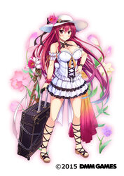  ankle_lace-up arm_garter arm_scrunchie bare_shoulders blush bodice breasts cattleya_(flower_knight_girl) cleavage copyright_name cross-laced_clothes cross-laced_footwear female flower flower_knight_girl frilled_skirt frills full_body hair_between_eyes halterneck hand_on_own_hip hat hat_flower highres large_breasts layered_skirt long_hair looking_at_viewer name_connection object_namesake official_art orchid photoshop_(medium) red_eyes red_hair red_scrunchie rolling_suitcase sandals scrunchie sidelocks skirt sleeveless smile solo standing strappy_heels suitcase sun_hat toes utsurogi_akira watermark white_background white_hat white_scrunchie white_skirt wrist_scrunchie 