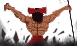  1boy arms_up black_hair bow chinese_commentary commentary_request cowboy_shot demon_back_(baki) from_behind genderswap_(ftm) gohei grappler_baki hair_tubes hairbow hakurei_reimu holding itagaki_keisuke_(style) long_hair male_focus muscular parody red_bow red_skirt rule_63 skirt solo standing topless_male touhou white_background wuwusan 