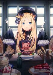  abigail_williams_(fate) black_bow black_hat blonde_hair blue_eyes bow cake commentary dress fate/grand_order fate_(series) female flesh food fork fruit hairbow hat highres indoors knife long_hair long_sleeves looking_at_viewer multiple_hair_bows open_mouth orange_bow pancake parted_bangs plate polka_dot polka_dot_bow popuru sleeves_past_fingers sleeves_past_wrists solo strawberry stuffed_animal stuffed_toy symbol-only_commentary table teddy_bear very_long_hair window wooden_table 