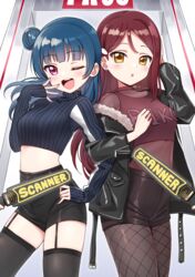  2girls :o ;d absurdres arm_up black_jacket black_pantyhose black_shorts black_thighhighs blue_hair blue_sweater blush breasts brown_eyes brown_hair brown_legwear brown_shirt brown_shorts character_name commentary crop_top dalla_dalla_(itzy) deadnooodles earrings fingernails fishnet_pantyhose fishnets garter_straps hair_bun hand_on_own_hip hand_to_own_mouth hand_up highres itzy jacket jewelry jyp_entertainment k-pop long_hair long_sleeves looking_at_viewer love_live! love_live!_sunshine!! medium_breasts multiple_girls nail_polish one_eye_closed open_clothes open_jacket open_mouth pantyhose parted_lips pink_nails ribbed_sweater round_teeth sakurauchi_riko shirt short_shorts shorts single_hair_bun single_side_bun sleeves_past_wrists smile stud_earrings sweater symbol-only_commentary teeth thighhighs tsushima_yoshiko upper_teeth_only very_long_hair 