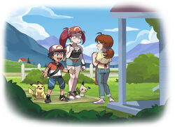  1boy 2girls alternate_universe apron ayumi_(pokemon) ayumi_(pokemon)_(cosplay) baseball_cap black_hair blue_sky blush brown_hair bush closed_eyes cloud cloudy_sky commentary cosplay creatures_(company) denim english_commentary game_freak gen_1_pokemon gen_7_pokemon hanako_(pokemon) hat house jeans kakeru_(pokemon) kakeru_(pokemon)_(cosplay) kiana_mai mimikyu mother_and_son multiple_girls musashi_(pokemon) nintendo pants pikachu pokemon pokemon_(anime) pokemon_(creature) pokemon_(game) pokemon_lgpe ponytail red_hair satoshi_(pokemon) shoes shorts sky sneakers yuri 