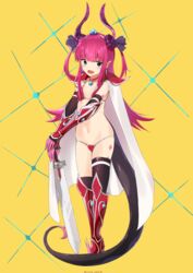  absurdres arm_warmers armor bikini bikini_armor black_thighhighs blue_eyes boots breasts cape choker commentary_request earrings elizabeth_bathory_(brave)_(fate) elizabeth_bathory_(fate) fate/extra fate/grand_order fate_(series) female full_body hairband highres horns jewelry knee_boots long_hair lowleg lowleg_bikini navel oerba_yun_fang open_mouth pauldrons pointy_ears purple_hair red_bikini red_footwear red_thighhighs shoulder_armor simple_background small_breasts smile solo swimsuit sword tail thighhighs two_side_up vambraces weapon white_cape yellow_background yomogi_uehara 