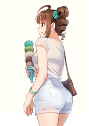  ahoge ass bag blunt_bangs blush bralines breasts brown_hair closed_mouth commentary cowboy_shot denim denim_shorts drill_hair female food from_behind hair_ornament hair_scrunchie handbag holding holding_food ice_cream ice_cream_cone idolmaster idolmaster_million_live! kamille_(vcx68) medium_breasts profile quadruple_scoop red_eyes scrunchie shirt short_hair short_sleeves shorts shoulder_bag side_drill side_ponytail simple_background smile solo standing white_background white_shirt white_shorts wristband yokoyama_nao 