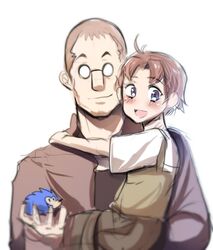  2boys :d ahoge animal blush brown_hair commentary crossover father_and_son fullmetal_alchemist genderswap_(ftm) glasses hedgehog highres hinghoi holding holding_animal hug looking_at_viewer multiple_boys nina_tucker open_mouth rule_63 short_hair shou_tucker simple_background smile sonic_(live_action) sonic_(series) sonic_the_hedgehog sonic_the_hedgehog_(film) suspenders white_background 