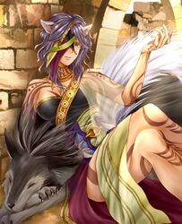  animal_ears aplche blue_eyes breasts cleavage commentary_request crossed_legs day female fire_emblem fire_emblem:_radiant_dawn long_hair looking_at_viewer medium_breasts nailah_(fire_emblem) outdoors parted_lips purple_hair sitting solo strapless tattoo wolf wolf_ears 