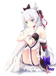  absurdres american_flag american_flag_print animal_ear_fluff animal_ears azur_lane bare_shoulders blue_eyes blush bow cat_ears choker closed_mouth commentary dress female flag_print garter_straps hair_ribbon hairband hairbow hammann_(azur_lane) hammann_(retrofit)_(azur_lane) highres hugging_own_legs knees_to_chest long_hair maid panties pantyshot red_choker ribbon showyou sidelocks simple_background sitting sleeveless solo thighhighs thighs underwear very_long_hair white_background white_hair white_thighhighs wrist_cuffs 