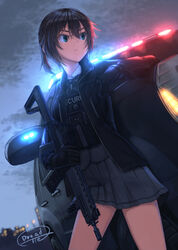  absurdres bad_id bad_pixiv_id black_gloves black_hair blue_eyes bow bulletproof_vest car cloud cloudy_sky cowboy_shot dreadtie dutch_angle elbow_rest female frown gloves grey_sky gun hair_between_eyes highres holding holding_gun holding_weapon jacket kurumazaki_yuu leaning_on_object long_sleeves looking_away looking_to_the_side miniskirt motor_vehicle open_clothes open_jacket original outdoors pleated_skirt police rifle school_uniform security_agency short_hair skirt sky solo sports_utility_vehicle v-shaped_eyebrows weapon 