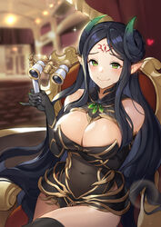  absurdres arm_under_breasts armor bare_shoulders binoculars black_dress black_gloves black_hair black_thighhighs blurry blurry_background breast_hold breasts chohe cleavage cleavage_cutout closed_mouth clothing_cutout commentary_request covered_navel curled_horns demon_girl demon_horns depth_of_field dress elbow_gloves faulds female forehead_tattoo gloves green_eyes heart highres holding horns indoors king&#039;s_raid large_breasts long_hair looking_at_viewer photoshop_(medium) pointy_ears red_pupils shamilla sidelocks sitting smile solo sparkle thighhighs thighs very_long_hair 