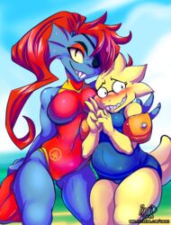  2018 accessory alphys animal_humanoid anthro ass athletic bangs beach belly blue_body blue_clothing blue_skin blue_swimwear blurred_background blush bodily_fluids breasts butt_from_the_front clothed clothing cloud duo ear_fins ear_frill eye_patch eyebrows eyelashes eyeshadow eyewear female female/female fin fish fish_humanoid form_fitting frill_(anatomy) front_view gesture gills glasses glistening glistening_body glistening_clothing glistening_hair glistening_scales glistening_skin grin hair hair_accessory hair_tie hand_gesture hi_res humanoid humanoid_on_anthro inuki lizard long_hair looking_at_viewer makeup marine marine_humanoid membrane_(anatomy) membranous_frill non-mammal_breasts noseless one-piece_swimsuit outside ponytail pupils raised_inner_eyebrows red_clothing red_eyeshadow red_hair red_swimwear reptile scales scalie seaside sharp_teeth size_difference sky slightly_chubby slit_pupils smile sweat sweatdrop swimwear tail teeth thick_tail thick_thighs tight_clothing undertale undertale_(series) undyne v_sign water_wings yellow_body yellow_scales yellow_sclera 