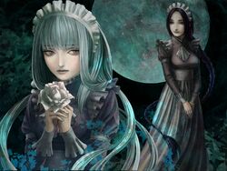  2girls fata_morgana_no_yakata girl giselle_(fata_morgana_no_yakata) moyataro multiple_girls official_art solo the_white-haired_girl 