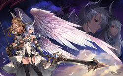  amnag angel angel_wings aselica_(king&#039;s_raid) bad_id bad_pixiv_id black_legwear black_sclera blonde_hair breasts colored_sclera commentary_request dark_lord_kasel_(king&#039;s_raid) dark_persona dress fallen_frey_(king&#039;s_raid) feathered_wings frey_(king&#039;s_raid) grey_hair hair_ornament head_wings highres kasel_(king&#039;s_raid) king&#039;s_raid large_breasts long_hair scarlet_(king&#039;s_raid) sword thighhighs very_long_hair weapon wings 