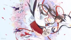  azur_lane brown_hair commentary_request female flower folding_fan hair_flower hair_ornament hand_fan haruka_poi highres japanese_clothes kimono legs_together long_hair long_sleeves looking_at_viewer miniskirt petals platform_footwear pleated_skirt red_eyes red_footwear ribbon skirt smile solo thighhighs twintails twitter_username white_thighhighs wide_sleeves zuikaku_(azur_lane) 