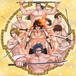  6+boys bad_id bad_pixiv_id black_hair blonde_hair blue_hair brown_hair commentary_request dual_wielding fire hair_over_eyes hikage_tenma hinomaru_zumou holding holding_sword holding_weapon kanou_akihira katana kotobuki_jun kuze_sousuke long_hair looking_at_viewer looking_to_the_side male_focus mawashi mouth_hold multiple_boys muscular nochi_kazuoki over_shoulder pectorals ponytail red_hair sada_mizuki scar sideburns simple_background sumo sword teeth_hold tennouji_shidou topless_male ushio_hinomaru weapon yellow_background 