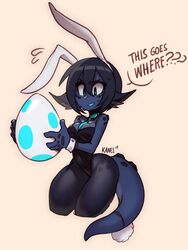  2019 3:4 black_hair blue_eyes blue_pupils breasts bunny_costume cleavage clothed clothing costume dialogue dragon egg english_text female glowing glowing_eyes hair hi_res humanoid kanel mythological_creature mythological_scalie mythology navel necktie pupils scales scalie short_hair simple_background smolder solo tail text thick_thighs wide_hips 