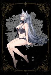  846neun animal_ears bare_shoulders barefoot bra breasts bustier cleavage collar commentary_request female flower grey_hair heterochromia highres lace lace-trimmed_bra lace_trim long_hair looking_at_viewer petals ponytail purple_eyes shorts sirius_(warship_girls_r) solo star_(symbol) underwear warship_girls_r zipper_pull_tab 