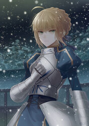  &gt;:( ahoge angel31424 aqua_eyes arm_at_side armor armored_dress artoria_pendragon_(fate) blonde_hair blue_dress blue_ribbon braid breastplate building closed_mouth commentary_request cowboy_shot dress fate/stay_night fate_(series) faulds female gauntlets hair_ribbon hand_on_own_chest juliet_sleeves long_sleeves looking_at_viewer night night_sky outdoors photoshop_(medium) puffy_sleeves ribbon saber_(fate) serious short_hair signature sky snowing solo v-shaped_eyebrows winter 