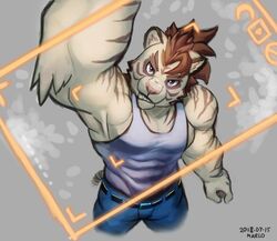  2018 anthro biceps clothed clothing digital_media_(artwork) felid fur hair male mammal mark_gimenaseu muscular muscular_anthro muscular_male pantherine shirt simple_background solo tank_top tiger tight_clothing topwear wolfmalro 