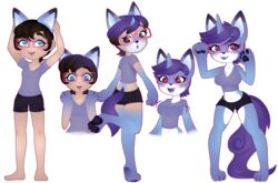  2019 alpha_channel anthro ass barefoot belly big_breasts big_tail biped blue_body blue_fur breast_expansion breasts domestic_cat excited expansion eyewear feet felid feline felis female filamints fur glasses growth hair happy hi_res hindpaw horn human human_to_anthro mammal midriff navel pawpads paws purple_hair short_hair simple_background smile solo species_transformation tail tail_growth tammy_(tammycat) transformation transparent_background white_belly 