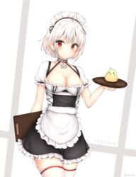  absurdres apron azur_lane bird blush breasts character_name cleavage clipboard collarbone commentary_request cowboy_shot dress female frilled_dress frills haruka_poi highres jewelry large_breasts looking_at_viewer maid maid_apron maid_headdress manjuu_(azur_lane) necklace red_eyes short_dress short_hair short_sleeves sirius_(azur_lane) solo thighhighs tray twitter_username white_hair white_thighhighs zettai_ryouiki 