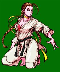  antenna_hair belt black_belt blonde_hair blue_eyes braid breasts cammy_white choker cleavage commentary_request cosplay dougi female full_body green_background kneeling long_hair looking_at_viewer makoto_(street_fighter) makoto_(street_fighter)_(cosplay) martial_arts_belt medium_breasts open_mouth pants red_sports_bra ribbon_choker simple_background solo sports_bra street_fighter tobaccostar twin_braids underwear very_long_hair 