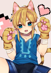  1boy absurdres animal_ears animal_hands bike_shorts blonde_hair blue_eyes bulge commentary_request earrings extra_ears gloves hair_between_eyes heart highres jewelry link looking_at_viewer male_focus oerba_yun_fang open_mouth paw_gloves photoshop_(medium) pixel_heart seitarou smile solo tail the_legend_of_zelda the_legend_of_zelda:_skyward_sword tiger_ears tiger_tail tunic 