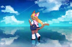  blonde_hair boots female furry hair_ribbon kemoribon long_hair phone ribbon solo teal_eyes walking 