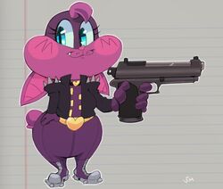  2019 5_fingers anthro bat breasts clothed clothing delet_this digital_media_(artwork) female fingers gun hair handgun holding_object holding_weapon jacket looking_at_viewer mammal meme ranged_weapon simple_background solo sophie_slam topwear vimhomeless weapon 