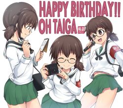  :q armband bag black-framed_eyewear black_neckerchief blouse brown_eyes brown_hair camera carrying character_name closed_mouth commentary english_text facing_viewer female from_side girls_und_panzer glasses green_skirt hair_tie happy_birthday holding holding_camera holding_microphone holding_notepad holding_pen kasai_shin long_sleeves microphone miniskirt multiple_views navel neckerchief notepad ooarai_school_uniform open_mouth ou_taiga pen pleated_skirt satchel school_uniform semi-rimless_eyewear serafuku shirt short_hair skirt smile standing tongue tongue_out twintails under-rim_eyewear white_background white_shirt 