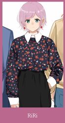  apple_earrings aqua_eyes black_shirt blush closed_mouth collared_shirt earrings female floral_print food-themed_earrings hand_in_pocket highres isshiki_(ffmania7) jewelry long_sleeves looking_at_viewer nijisanji pink_hair print_shirt shirt shirt_tucked_in short_hair simple_background solo_focus virtual_youtuber white_background yuuhi_riri 