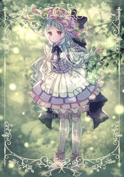  +_+ black_ribbon blurry blurry_background commentary_request day dress female flower full_body green_background hat hat_flower highres long_hair long_sleeves looking_at_viewer moe_(hamhamham) outdoors pantyhose personification pocket pokemon puffy_sleeves ribbon shiinotic solo standing striped_clothes striped_pantyhose vertical-striped_clothes vertical-striped_pantyhose very_long_hair white_dress white_legwear 