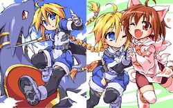  2girls ahoge animal_ears armor bag belt bike_shorts_girl_(tomoshibi_hidekazu) blonde_hair blue_belt blue_eyes blue_shorts braid brown_eyes brown_hair cat_ears cloud collar commentary_request dragon dragon_wings fingerless_gloves girl_with_a_blonde_braid_(tomoshibi_hidekazu) gloves grin hair_tie holding holding_hands holding_weapon hood hoodie interlocked_fingers leg_up leggings long_hair looking_at_viewer multiple_girls oerba_yun_fang one_eye_closed open_mouth original paw_print paw_print_pattern pink_hoodie red_eyes red_shorts ribbon saddle shoe_soles shoes short_hair shorts smile sword tail tomoshibi_hidekazu very_long_hair weapon wings 