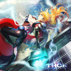  animification armpits avengers_(series) black_gloves black_pantyhose blonde_hair blue_eyes breasts cape character_name cleavage commentary_request elbow_gloves electricity female genderswap_(mtf) gloves hammer large_breasts lips long_hair looking_at_viewer marvel neck pantyhose red_cape ruba_(akiraoe_84) rule_63 single_elbow_glove single_glove skin_tight solo thor_(marvel) 