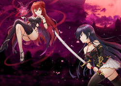  2girls armor ass bare_shoulders black_hair breasts cleavage double_bun erze_(king&#039;s_raid) floating forest highres jmc katana king&#039;s_raid large_breasts long_hair medium_breasts moon multiple_girls nature orb purple_eyes red_eyes red_hair red_moon seria_(king&#039;s_raid) sheath sheathed siblings single_thighhigh sisters smile sword thighhighs thong vampire very_long_hair weapon wings 