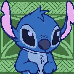  1:1 2007 abstract_background aliasing alien blue_body blue_claws blue_eyes blue_fur blue_nose chest_tuft claws digital_media_(artwork) disney experiment_(lilo_and_stitch) fur green_background half-length_portrait head_tuft lilo_and_stitch low_res notched_ear portrait simple_background solo stitch_(lilo_and_stitch) tuft yashichi 