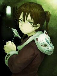  brown_hair commentary_request female flower green_eyes hands_up highres holding holding_flower hotateyuki indoors long_sleeves looking_at_viewer mask multi-tied_hair own_hands_together photoshop_(medium) ran_(texhnolyze) serious solo texhnolyze twintails unworn_mask upper_body 