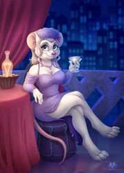  2019 4_toes 5_fingers anthro anthrofied barefoot biped blue_eyes breasts chapka claws clothed clothing disney dolphydolphiana dress feet female fingers fur gem headgear headwear holding_glass holding_object jewelry looking_away looking_up mammal miss_bianca_(the_rescuers) mouse murid murine necklace pearl_(gem) pearl_necklace pink_nose purple_clothing purple_dress rodent smile solo the_rescuers_(disney) toe_claws toes white_body white_fur 