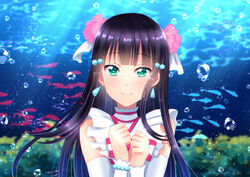  air_bubble black_hair blue_hair blurry blurry_background blush bow bowtie bubble commentary_request detached_sleeves earrings female fish fujimori_shiki gradient_hair green_eyes hair_ornament highres jewelry koi_ni_naritai_aquarium kurosawa_dia long_hair long_sleeves looking_at_viewer love_live! love_live!_sunshine!! mole mole_under_mouth multicolored_hair smile solo striped_bow striped_bowtie striped_clothes sunlight two-tone_hair underwater upper_body white_sleeves 