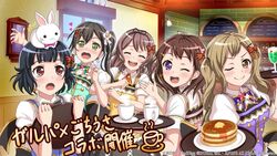  +_+ 5girls apron bang_dream! black_hair blonde_hair brick_wall brown_hair cafe coffee coffee_mug commentary_request cosplay crossover cup food gochuumon_wa_usagi_desu_ka? green_eyes hair_ornament hair_ribbon hanazono_tae highres ichigaya_arisa long_hair mug multiple_girls official_art one_eye_closed open_mouth pancake ponytail poppin&#039;party purple_eyes rabbit rabbit_house_uniform red_eyes ribbon saucer short_hair smile star_(symbol) toyama_kasumi twintails uniform ushigome_rimi waitress yamabuki_saya 